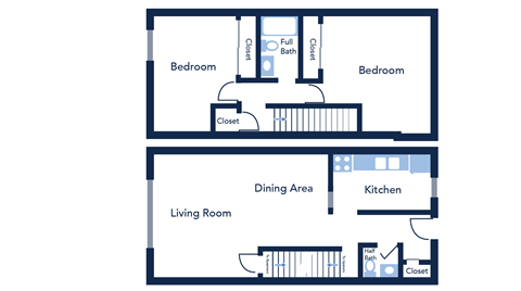 Floor plan for 2 beds, 1.5 baths, 1000 sqft